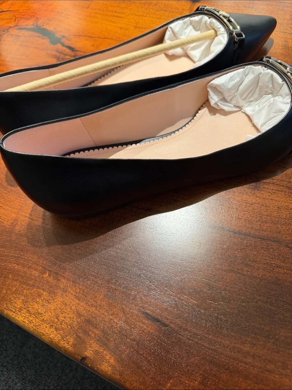 Brand New kate spade Black Pointed-Toe Flats with Silver Heart Accent.
